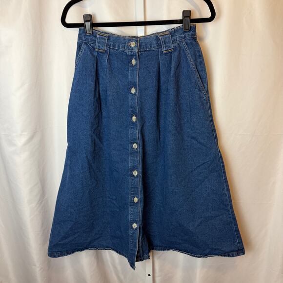 VTG 80s Denim Button Front Midi Skirt Size 10 Elastic Waist Deep Pockets Western - Picture 1 of 5